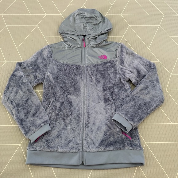 The North Face Women's L Fleece Teddy Jacket Gray Pink Logo Zip Front Hooded - Picture 1 of 8